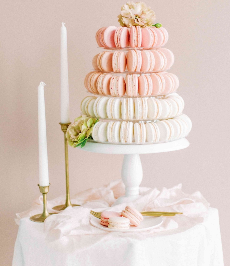 pink and white macaron tower by leilalove french macarons